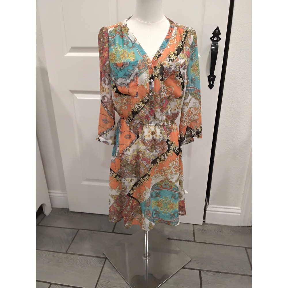 Umgee USA Women Paisley Scarf Print V-Neck Dress Orange Teal Boho 3/4 Sleeve M - Picture 1 of 8